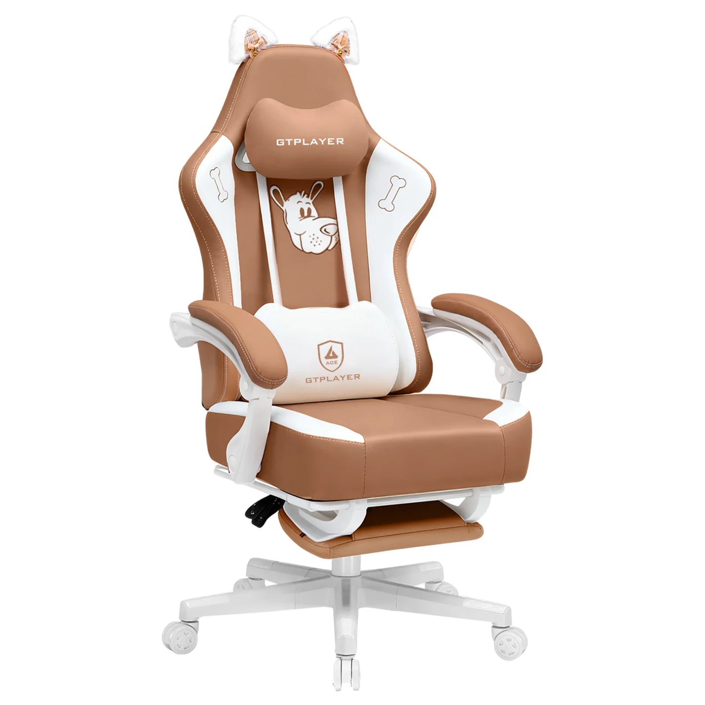 GTPLAYER Cute Gaming Chair with Cat Ears, Pink Velvet Ergonomic Gaming Chair with Footrest, Adjustable Reclining Office Gaming Chair, 150kg Capacity