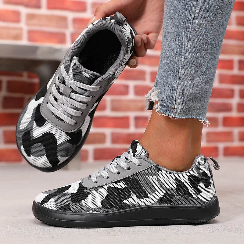 Camouflage-Damenschuhe mit breiter Zehenbox, atmungsaktivem Mesh und bequemer flacher Sohle – neue Barfußschuhe mit weicher Sohle, Damen-Sneaker