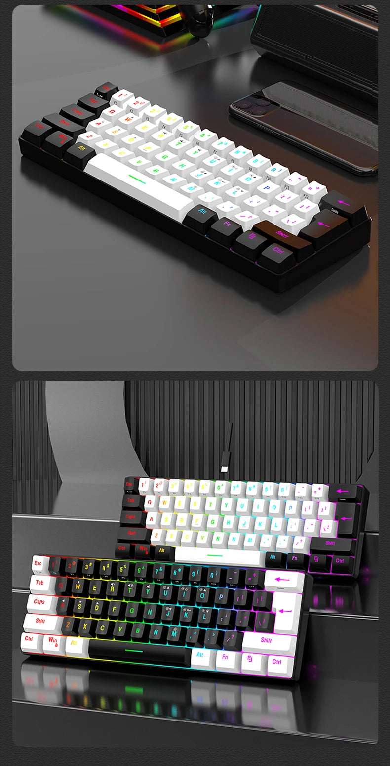 Wasserdichte mechanische 61-Tasten-Tastatur mit Kabel in Weiß, mit schwarzen und blauen Switches, RGB-beleuchtet – Gaming- und Office-Set, PUBG Gamer Backlit