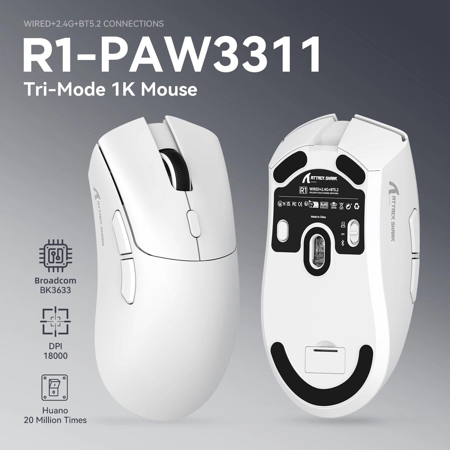 ATTACK SHARK R1 trijų režimų žaidimų pelė, PixArt PAW3311 jutiklis, 18000 DPI, 1000hz, 59g itin lengva didelėms rankoms, PC/Mac