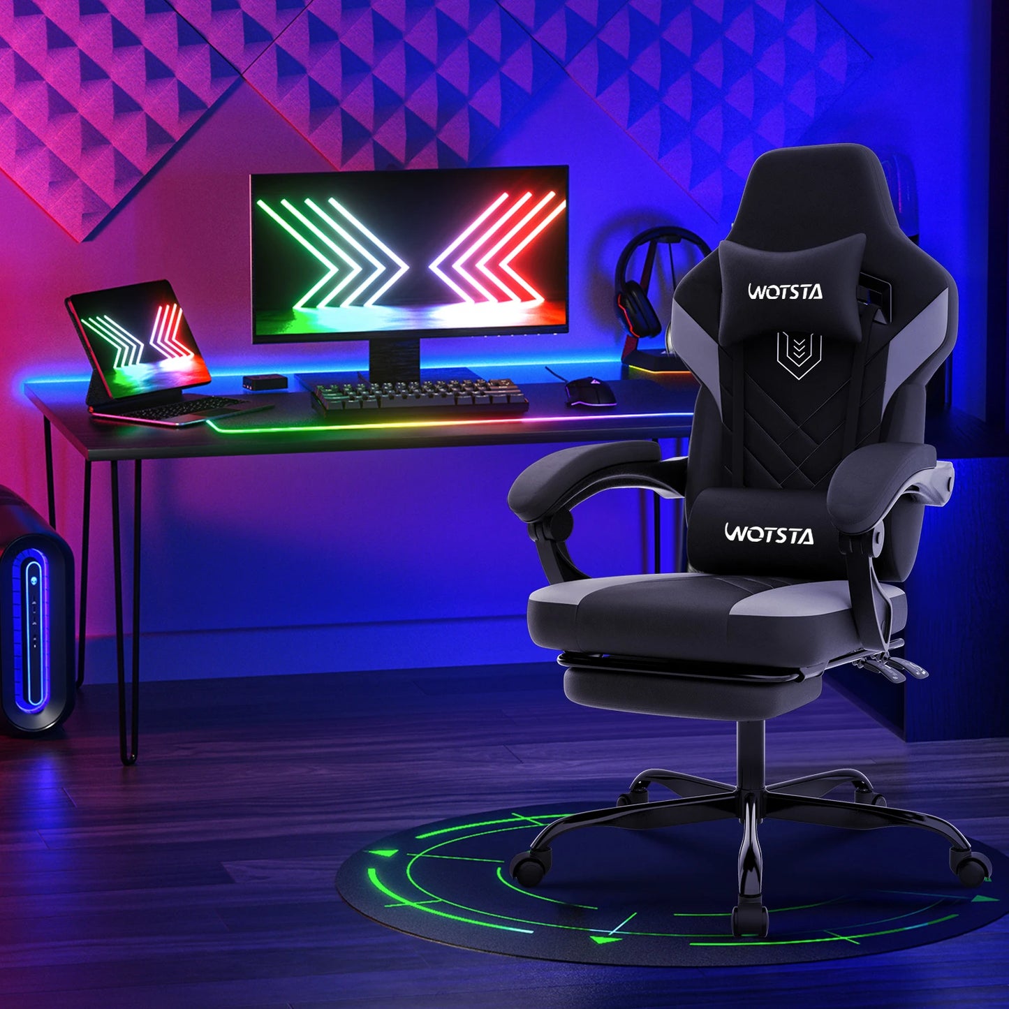 Silla gaming con reposapiés, silla gamer ergonómica con cojín lumbar y reposacabezas, silla gaming ajustable en altura para ordenador