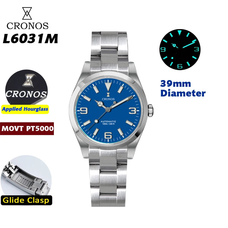Cronos EX Diver Mechanical Men Watch 39mm Automatic PT5000 Sapphire Glass Bushed Bracelet Glide Clasp 10ATM L6031