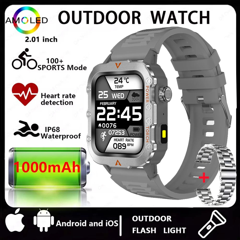 2026 New Men Smart Watch HD Bluetooth Call Sleep Heart Rate Health Monitoring Outdoor LED Flashlight Waterproof Sports Smartwatc