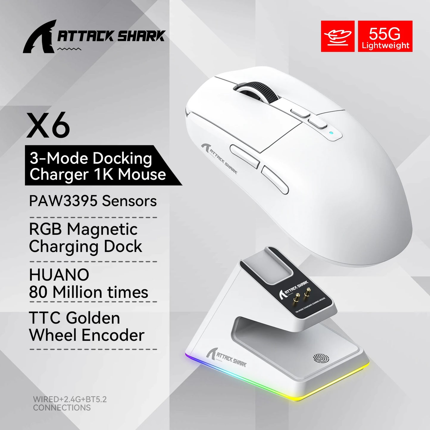 Attack Shark X6 Lightweight Wireless Gaming Mouse with 3 Mode Up to 26K DPI RGB Backlight Charging Base for Laptop Desktop