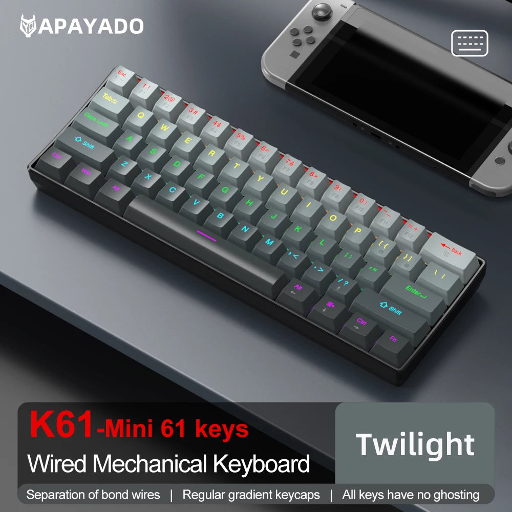 APAYADO K61 Mini Mechanical Keyboard,Wired,61 Keys,Phantom RGB, Black/White Red/Blue Mechanical Switch for Gaming,60% Portable