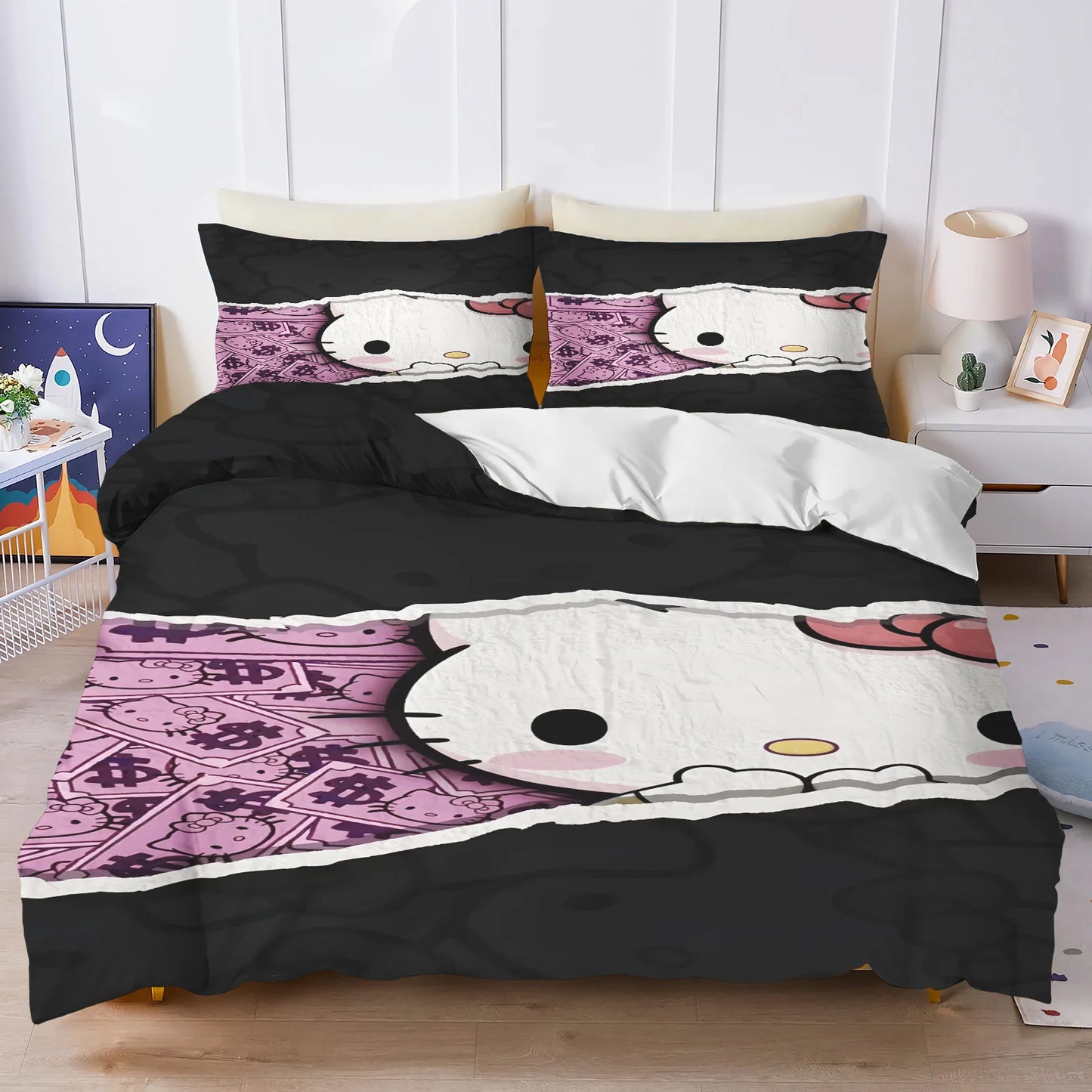 Hello Kitty Bettbezug-Set, 3D-Kinderbettwäsche, 3-teilig, 1 Bettdeckenbezug, King Size