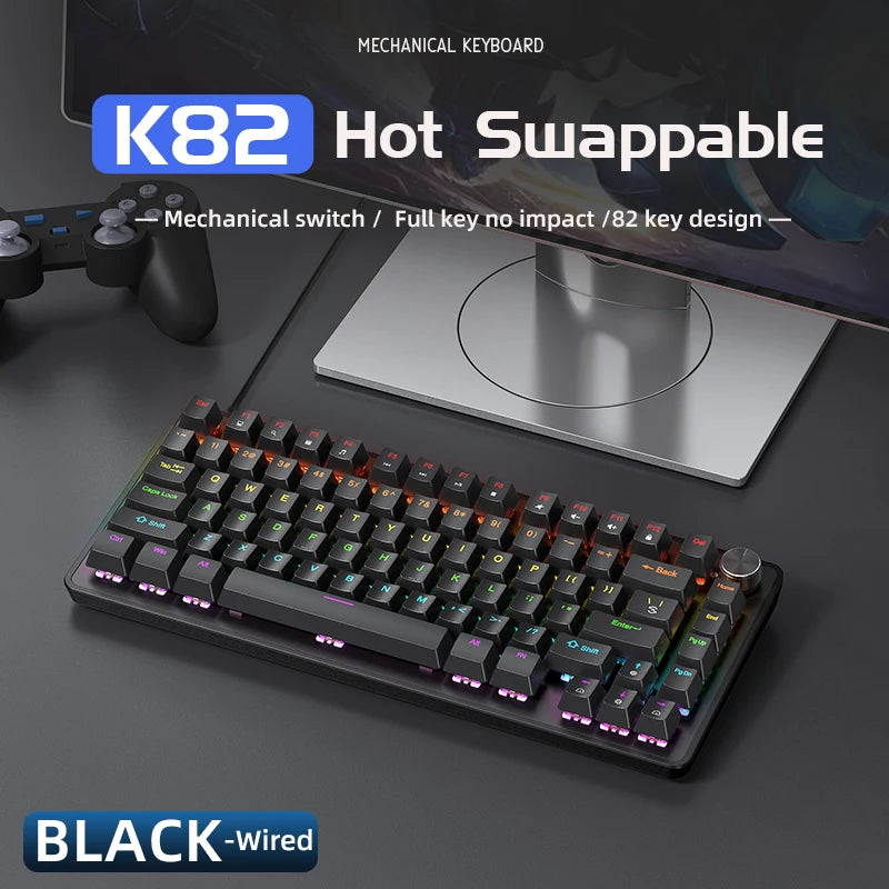 K82 75% Wired Mechanical Keyboard RGB Backlight, 82 KEY, Full Key Hot Swappable Blue Switch, Multifunctional Knob, Windows & Mac