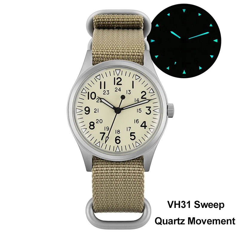 Militado ML07 Quartz Watch VH31 Sweep Movement Domed Sapphire Crystal Luminous 10Bar Waterproof 36mm Vintage Mens Watches