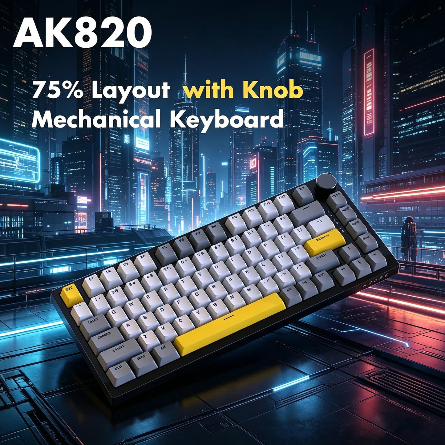 Teclado Mecânico com Fio AJAZZ AK820 75%: Hot-Swappable, Retroiluminação RGB/Branca/Azul-Gelo, Controlo por Botão de Volume | Para Escritório e Gaming