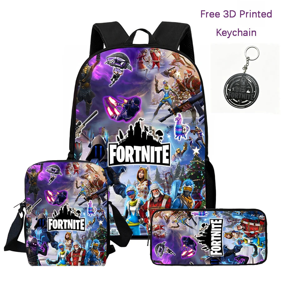 3-teiliges Kinder-Rucksack-Set, Umhängetasche & Federmäppchen, FORTNITE-Cartoon-Tasche, leicht, für Jungen und Mädchen von 6-10, kostenloser 3D-gedruckter Schlüsselanhänger