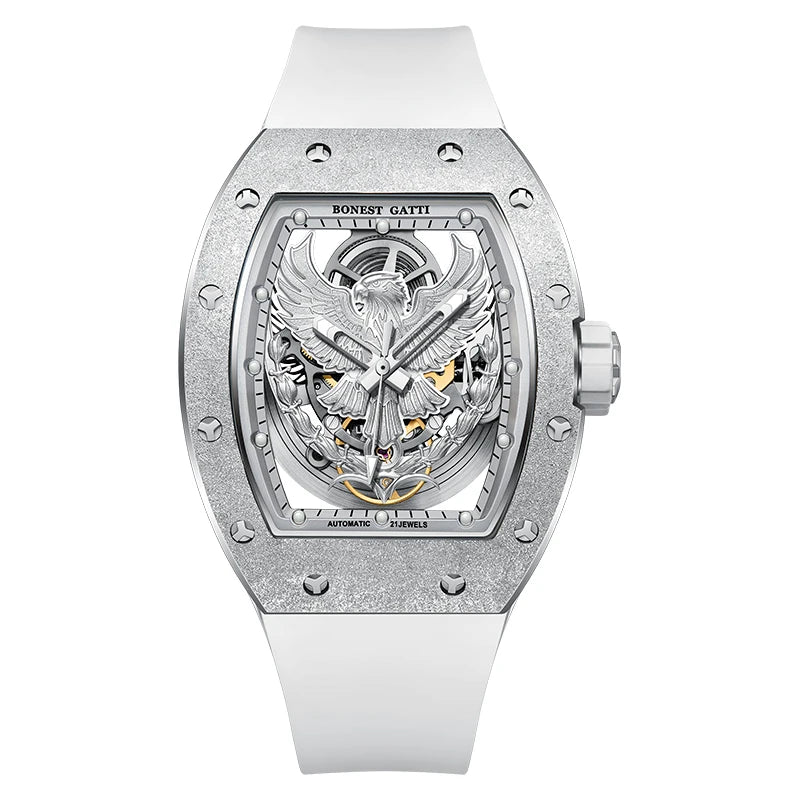 BONEST GATTI Luxury Men's Hollow Automatic Mechanical Watches Tonneau Sapphire Crystal Luminous Hollow Eagle Dial Rubber Straps
