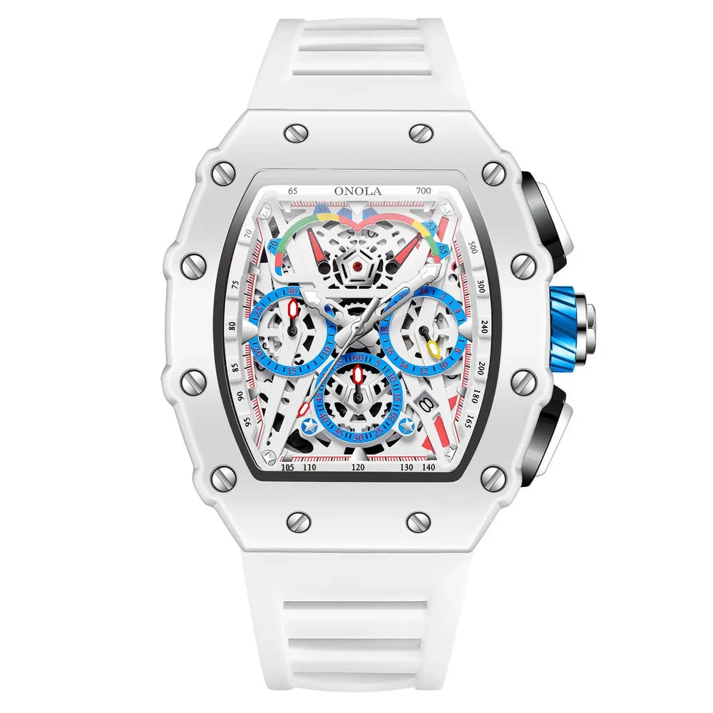 ONOLA Fashion Mens Tonneau Watches Waterproof Chronograph Quartz Clock Sports Silicone Strap White Wristwatch Luxury 2024 New