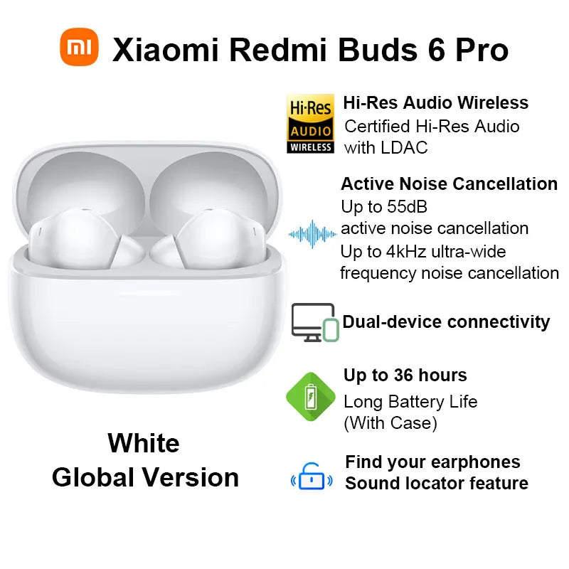 Xiaomi Redmi Buds 6 Pro Wireless Bluetooth Earphones – Hi-Res LDAC, 55dB Active Noise Cancelling ANC Earbuds with Microphone