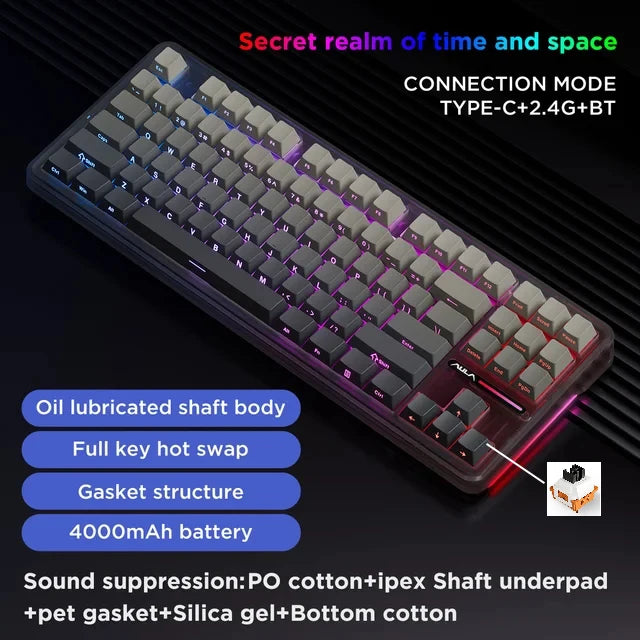 AULA F87 Pro Mechanical Keyboard 2.4g/Usb/Bluetooth Tri Mode Wireless 87 Key RGB PBT Gasket 5 Layer Silencing Full Key No Impact