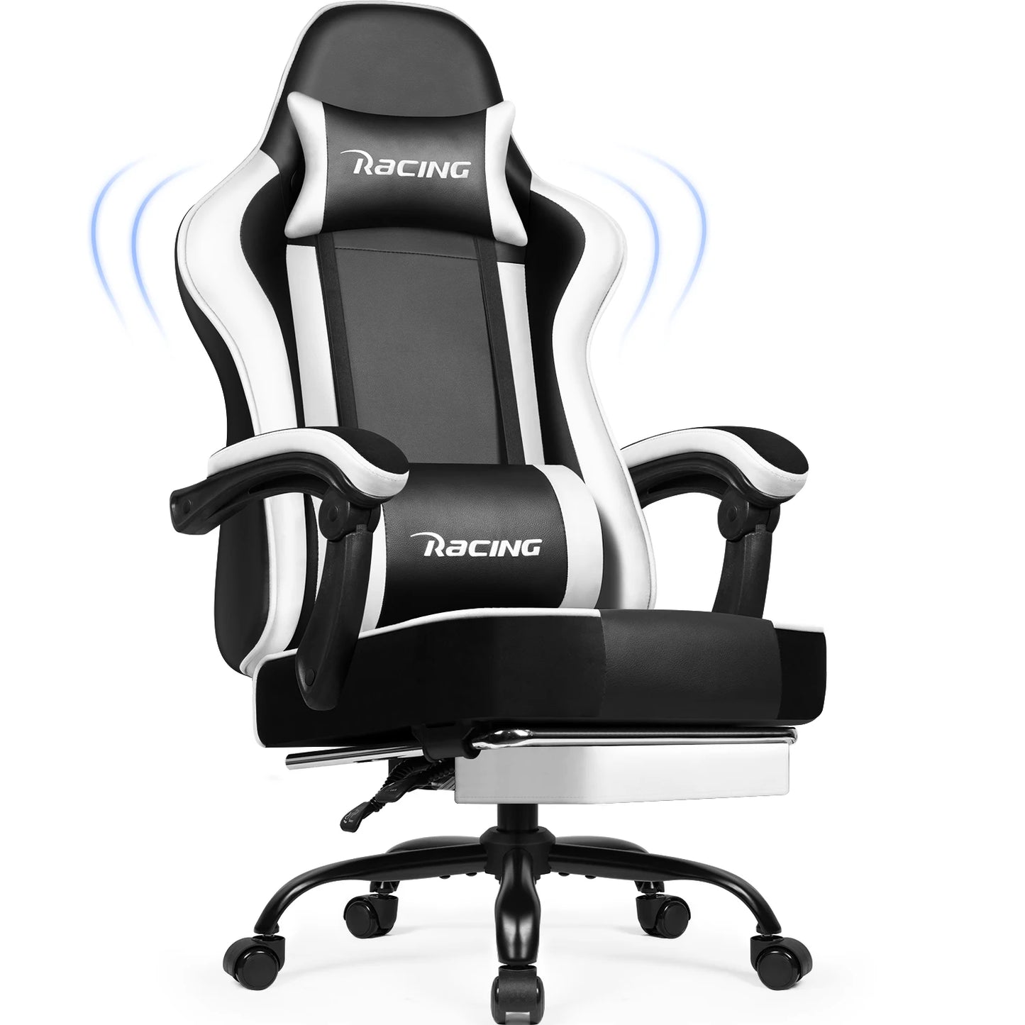 Portreen Gaming chair with footrest, ergonomic gaming chair, gaming armchair with adjustable lumbar cushion and headrest, height-adjustable swivel, rocking function up to 170°, gaming chair for up to 150 kg, black, perfect f