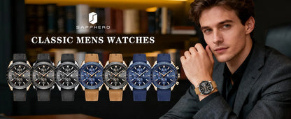 SAPPHERO Men Chronograph Watch High Precision Quartz Movement Blue Dial Date Display 50M Waterproof Luxury Sport Wristwatch Gift