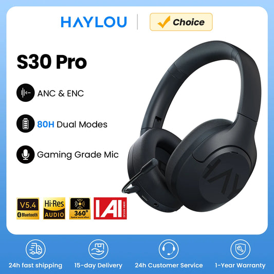 HAYLOU S30 Wireless Bluetooth 5.4 Headphones – 43dB Adaptive Noise Cancelling ANC Headset, 40mm Drivers, 80H Playtime, Hi-Res Audio Over-Ear Headphones