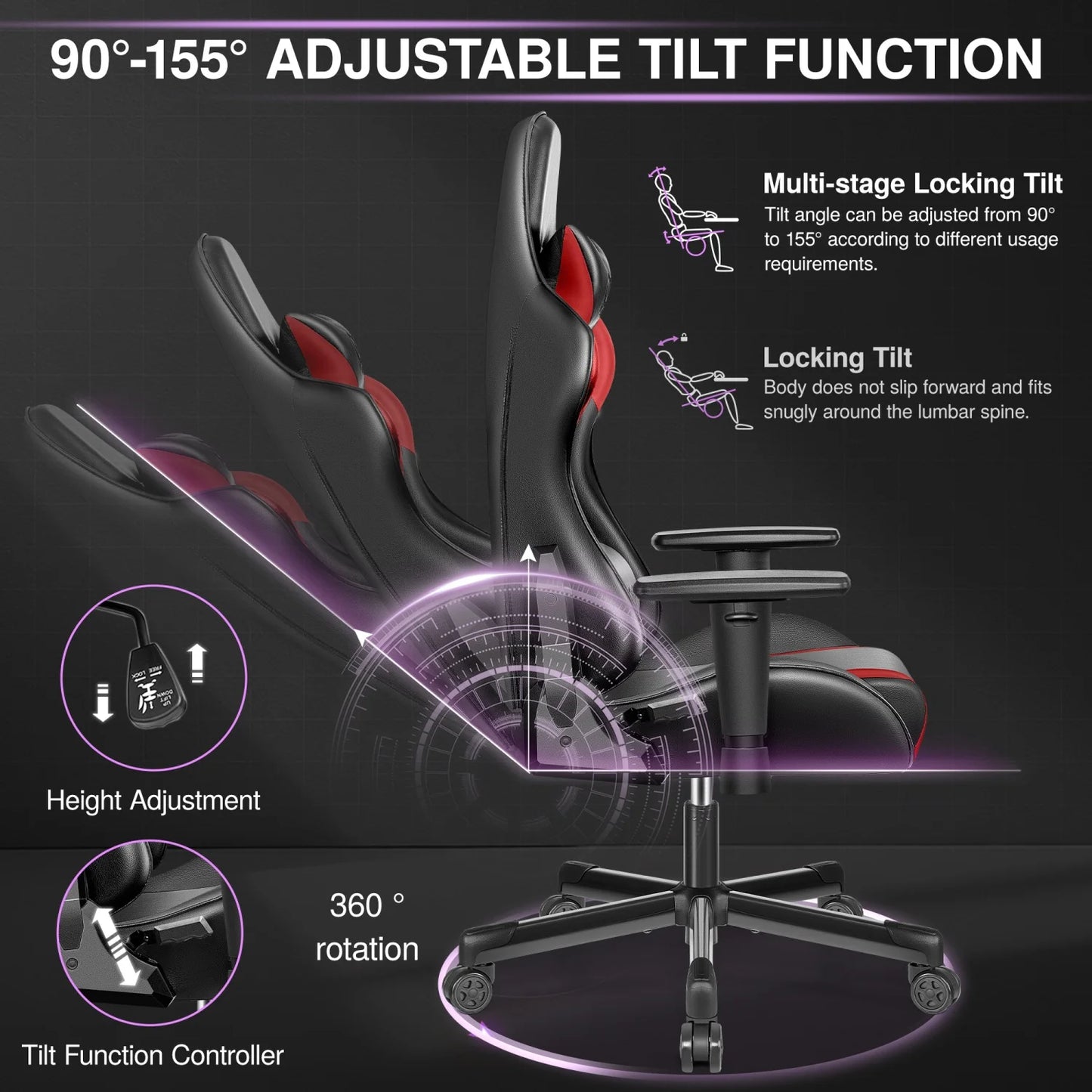Gaming chair, PU leather adjustable in multiple directions, with lumbar support and headrest, ergonomic, black and red