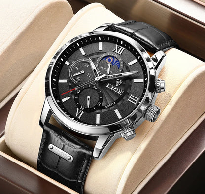 2025 New Men's Watches LIGE Top Brand Luxury Leather Casual Quartz Watch Men's Sport Waterproof Clock Watch Relogio Masculino+Box