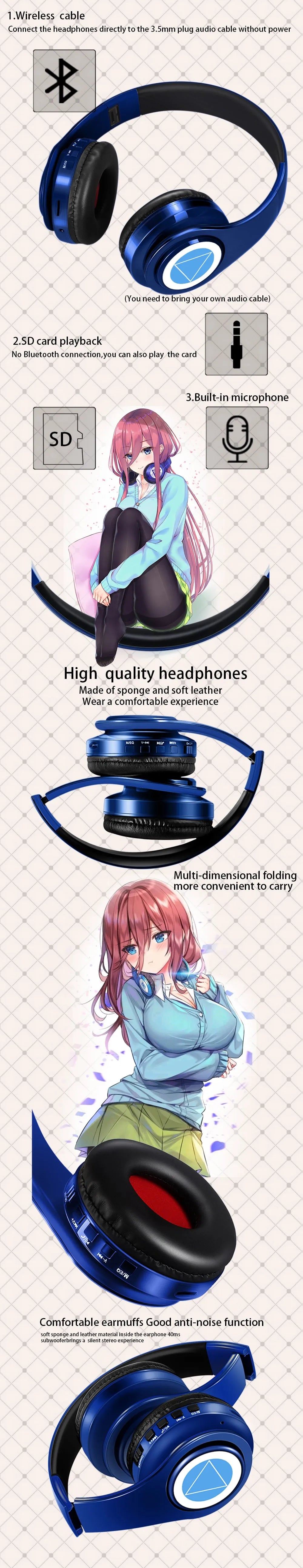 Cuffie anime over-ear Miku Nakano Sanjiu Bluetooth 5.0 – Headset gaming stereo wireless con bassi profondi, microfono e supporto per scheda TF