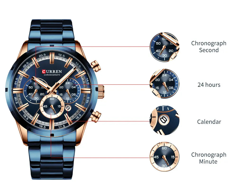 Curren Men's Watch Blue Dial Stainless Steel Band Date Men's Business Watches Waterproof Luxuries Men Wrist Watches for Men