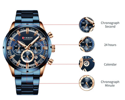 Curren Men's Watch Blue Dial Stainless Steel Band Date Men's Business Watches Waterproof Luxuries Men Wrist Watches for Men