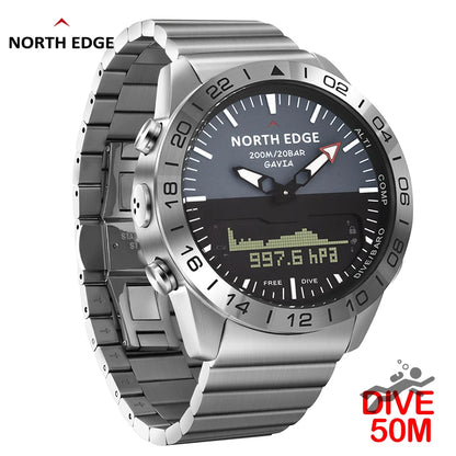NORTH EDGE Men's Dive Watch Military Army Luxury Full Steel Smartwatch Compass Altimeter Barometer Digital Clock Waterproof 200m