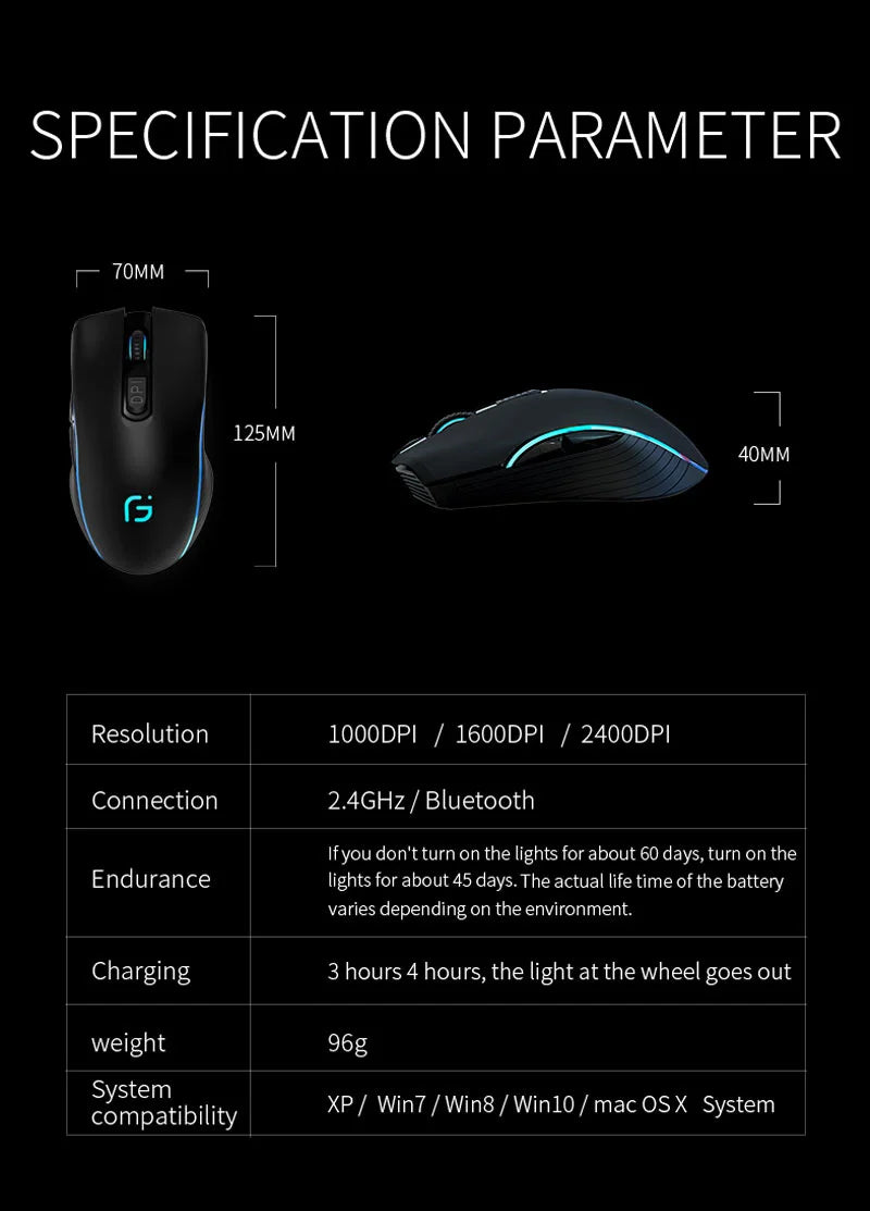 Wireless Mouse Rechargeable Bluetooth Silent Ergonomic Computer 2400 DPI For iPad Mac Tablet Macbook Air Laptop PC Gaming Office