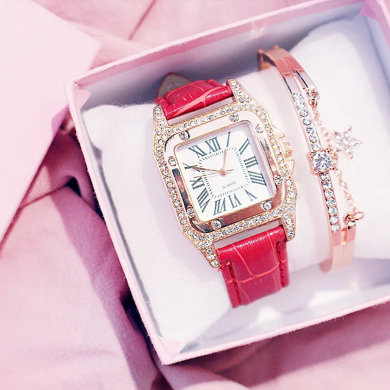 Square Women Watches Waterproof Luxury Rhinestone Quartz Wristwatch PU Leather Ladies Watch Female Ladies Watch Gift Wrist Watch