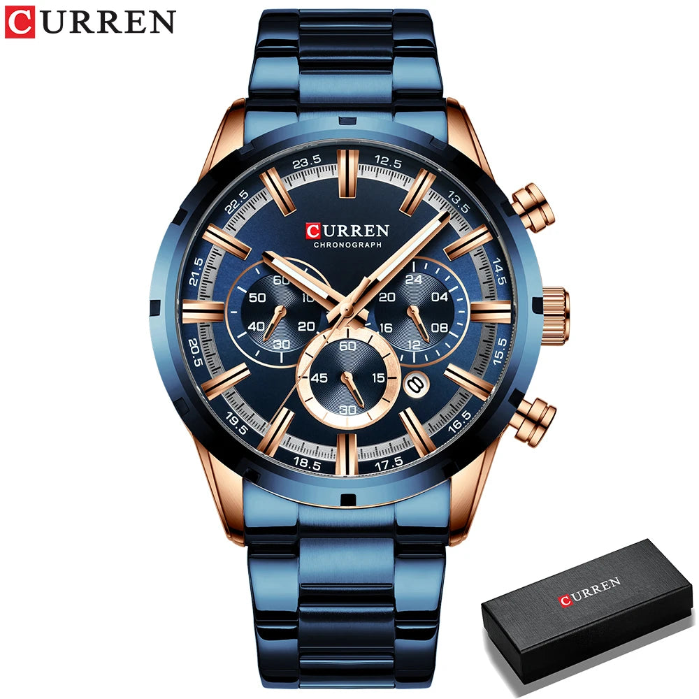 Curren Men's Watch Blue Dial Stainless Steel Band Date Men's Business Watches Waterproof Luxuries Men Wrist Watches for Men