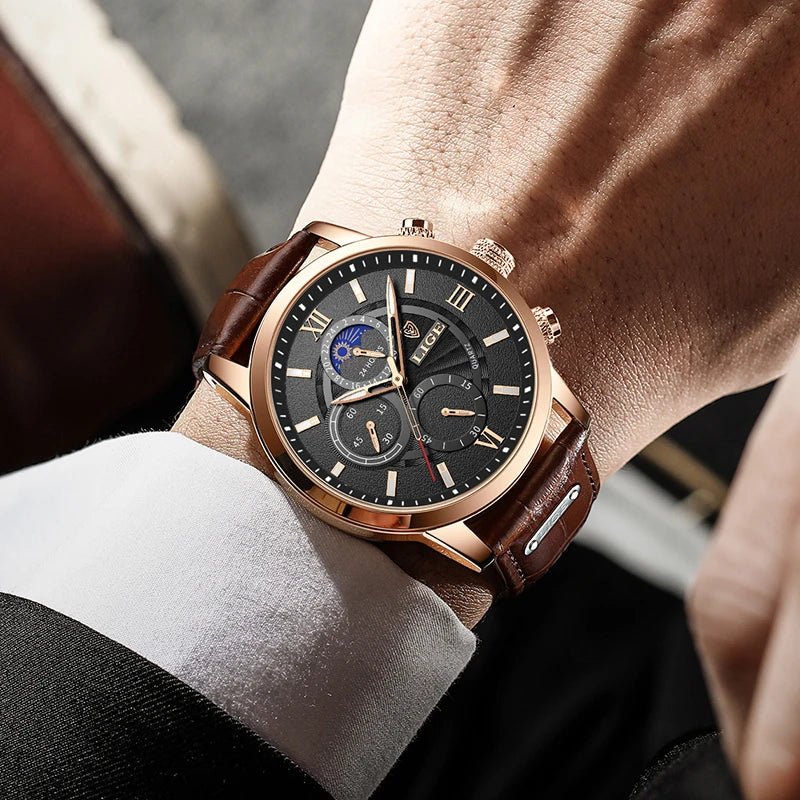 2025 New Men's Watches LIGE Top Brand Luxury Leather Casual Quartz Watch Men's Sport Waterproof Clock Watch Relogio Masculino+Box
