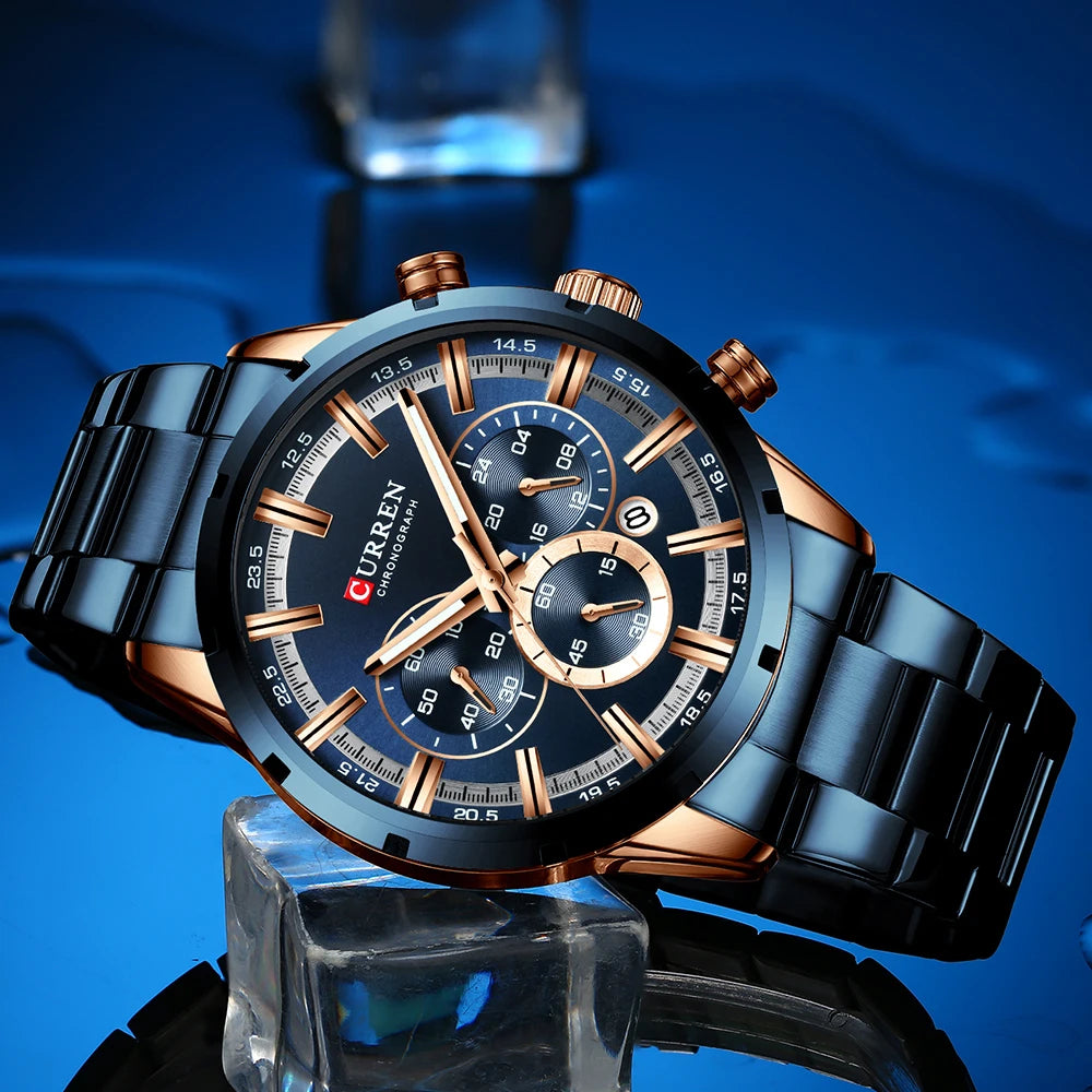 Curren Men's Watch Blue Dial Stainless Steel Band Date Men's Business Watches Waterproof Luxuries Men Wrist Watches for Men