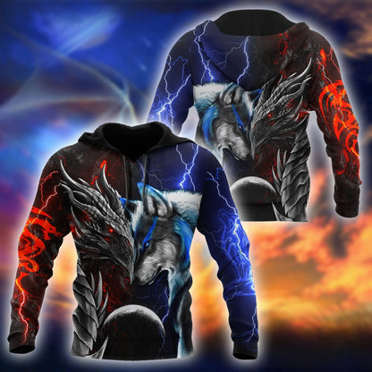 Red & Blue Dragon & Wolf 3D Printed Fashion Men's Autumn Hoodies Sweatshirt Unisex Streetwear Casual Zip Jacket Pullover KJ494