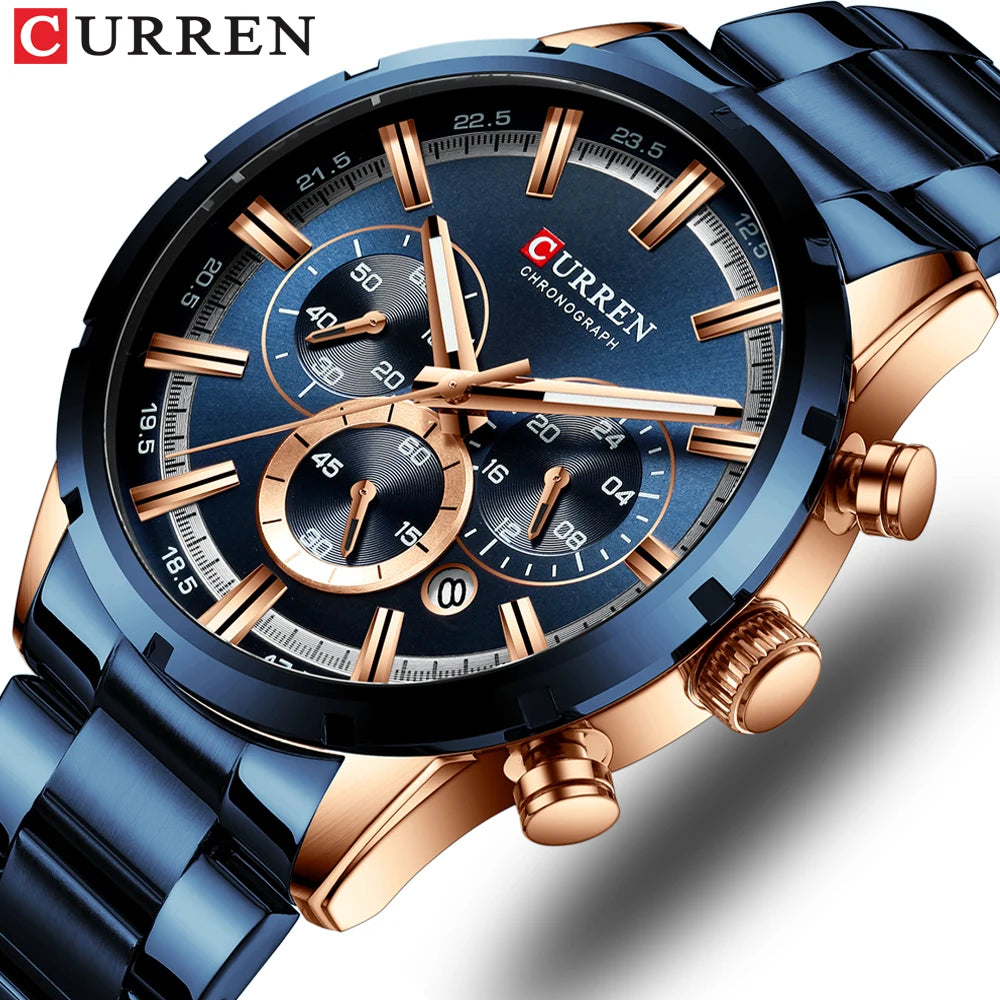 Curren Men's Watch Blue Dial Stainless Steel Band Date Men's Business Watches Waterproof Luxuries Men Wrist Watches for Men
