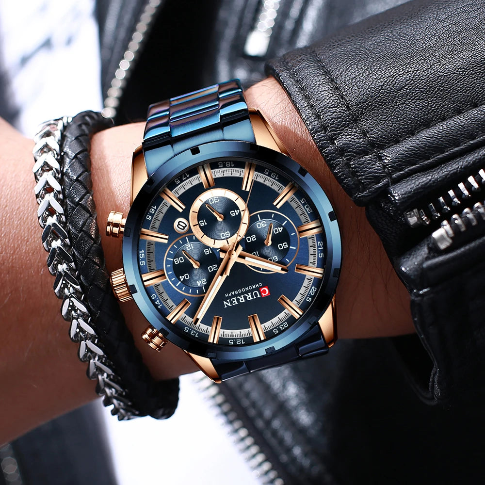 Curren Men's Watch Blue Dial Stainless Steel Band Date Men's Business Watches Waterproof Luxuries Men Wrist Watches for Men