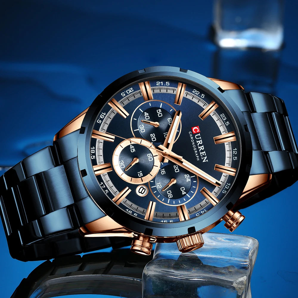 Curren Men's Watch Blue Dial Stainless Steel Band Date Men's Business Watches Waterproof Luxuries Men Wrist Watches for Men