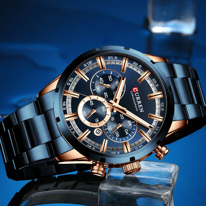 Curren Men's Watch Blue Dial Stainless Steel Band Date Men's Business Watches Waterproof Luxuries Men Wrist Watches for Men