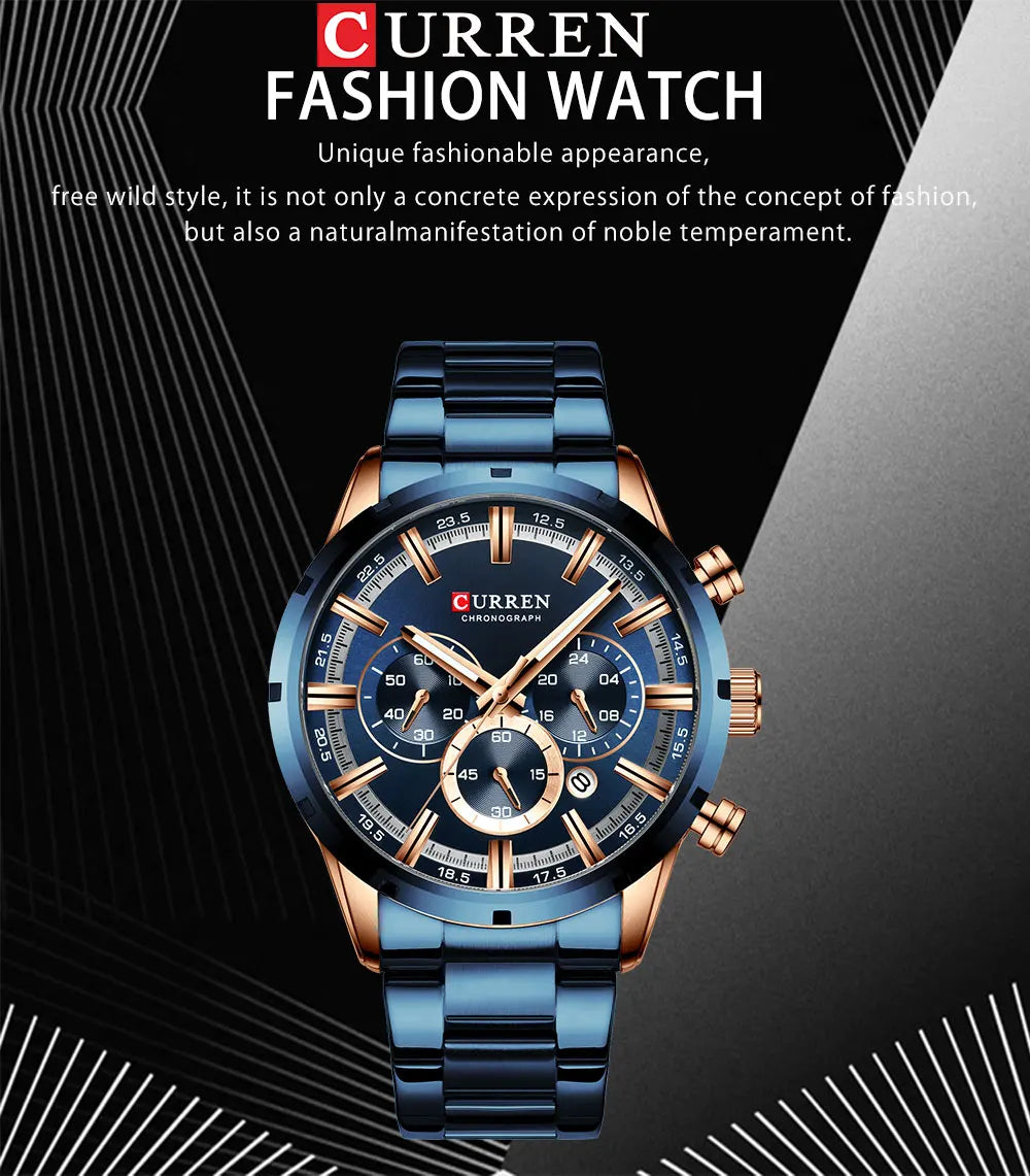 Curren Men's Watch Blue Dial Stainless Steel Band Date Men's Business Watches Waterproof Luxuries Men Wrist Watches for Men