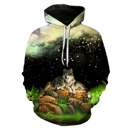 Cool Space Galaxy Wolf Hoodie – Herren-Hoodie mit leuchtendem Wolf, modischer Pullover für Frühling und Herbst