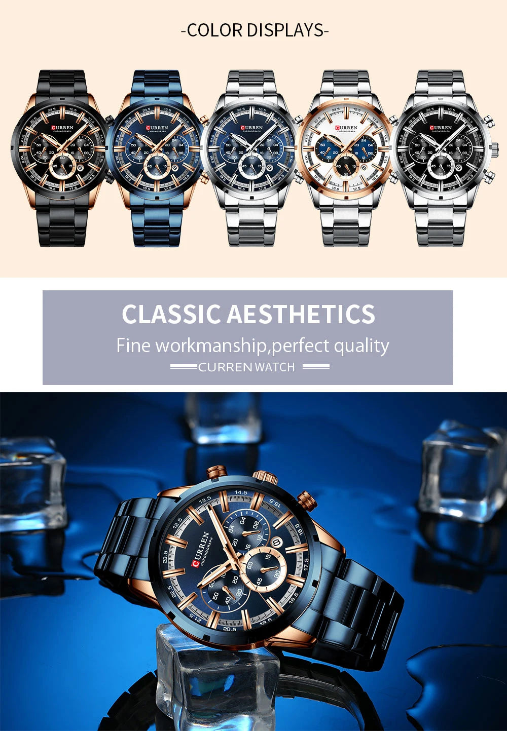 Curren Men's Watch Blue Dial Stainless Steel Band Date Men's Business Watches Waterproof Luxuries Men Wrist Watches for Men