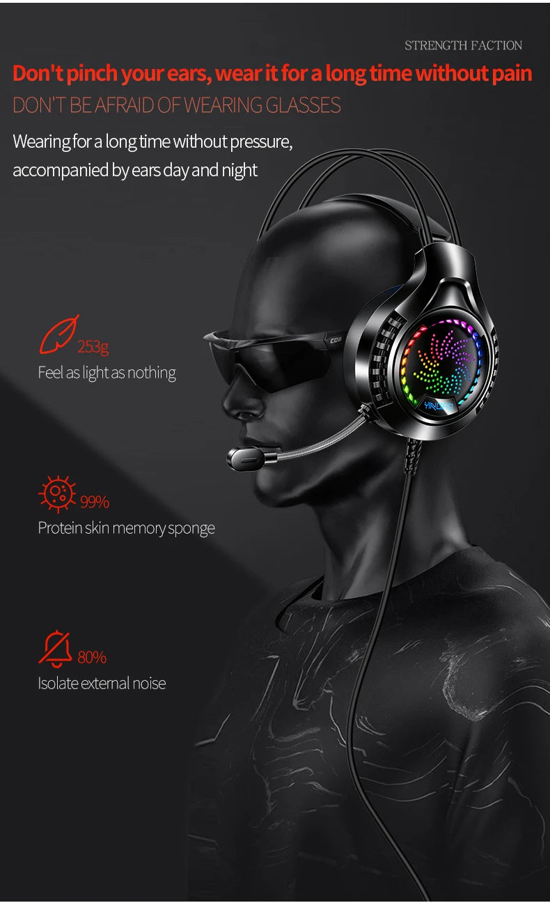 RGB Gaming Headset with Microphone 7.1 Surround HD Sound Stereo Dual 3.5mm USB  Wired Headphone For PS5 PC Laptop Phone