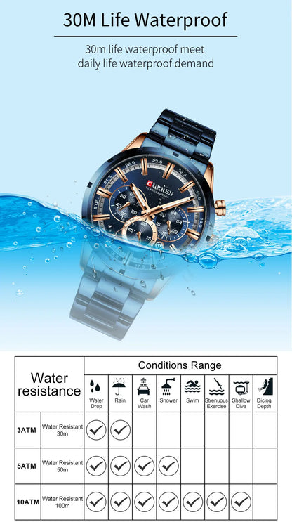 Curren Men's Watch Blue Dial Stainless Steel Band Date Men's Business Watches Waterproof Luxuries Men Wrist Watches for Men