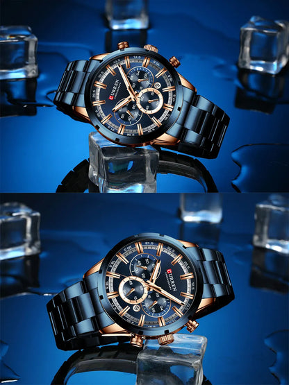 Curren Men's Watch Blue Dial Stainless Steel Band Date Men's Business Watches Waterproof Luxuries Men Wrist Watches for Men
