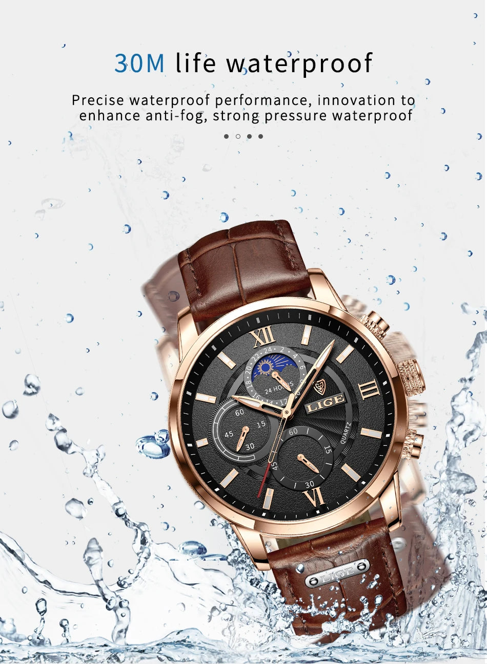 2025 New Men's Watches LIGE Top Brand Luxury Leather Casual Quartz Watch Men's Sport Waterproof Clock Watch Relogio Masculino+Box