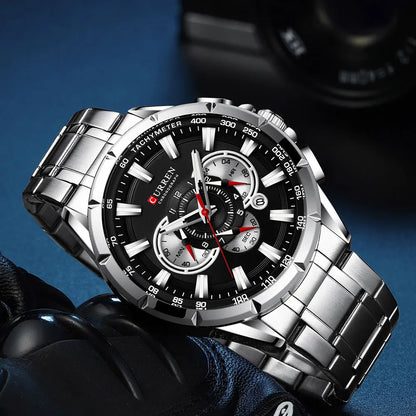 Men New CURREN Casual Sport Chronograph Men's Watch Stainless Steel Band Wristwatch Big Dial Quartz Clock with Luminous Pointers