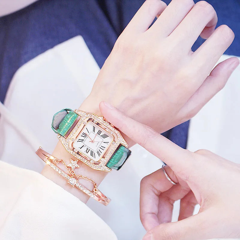 Square Women Watches Waterproof Luxury Rhinestone Quartz Wristwatch PU Leather Ladies Watch Female Ladies Watch Gift Wrist Watch