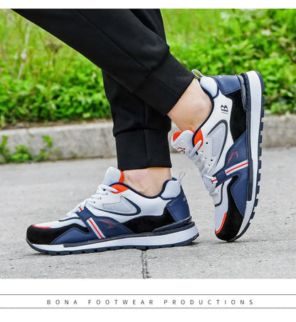 BONA Nuevos diseñadores Zapatillas deportivas de cuero de acción para hombre, calzado de running, tenis masculinos para caminar, fitness moderno