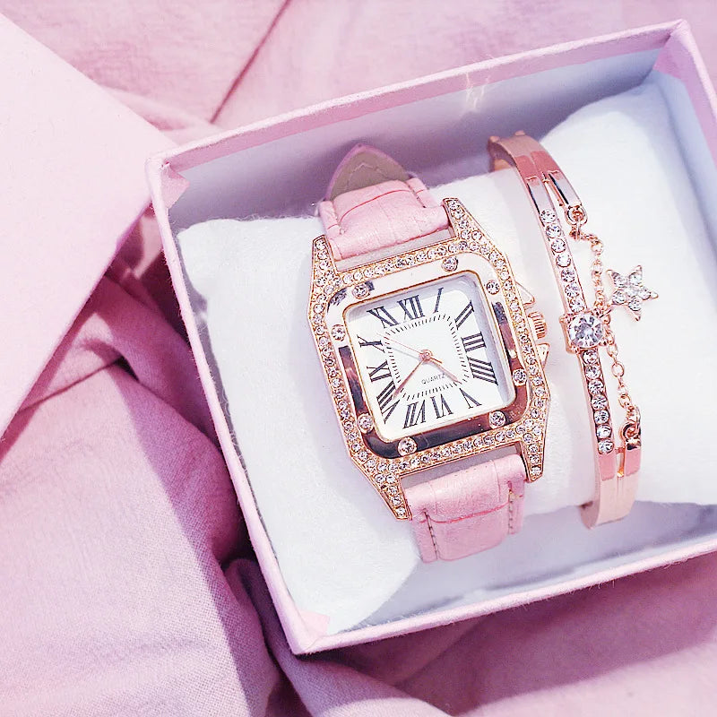 Square Women Watches Waterproof Luxury Rhinestone Quartz Wristwatch PU Leather Ladies Watch Female Ladies Watch Gift Wrist Watch