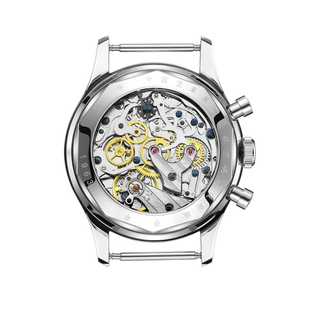 Red Star Panda Mens 1963 Chronograph Mechanical Wristwatch Seagull st1901 Movement Gooseneck 40mm Luminous Sapphire Pilot Watch