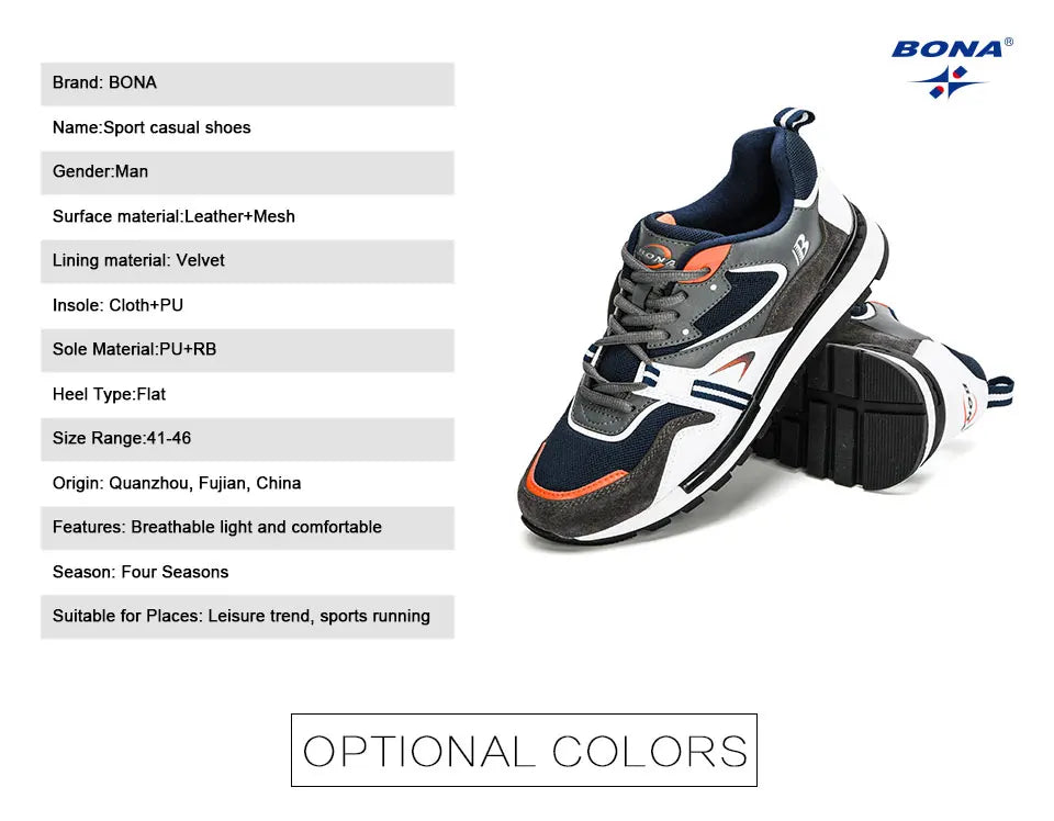 BONA Nuevos diseñadores Zapatillas deportivas de cuero de acción para hombre, calzado de running, tenis masculinos para caminar, fitness moderno